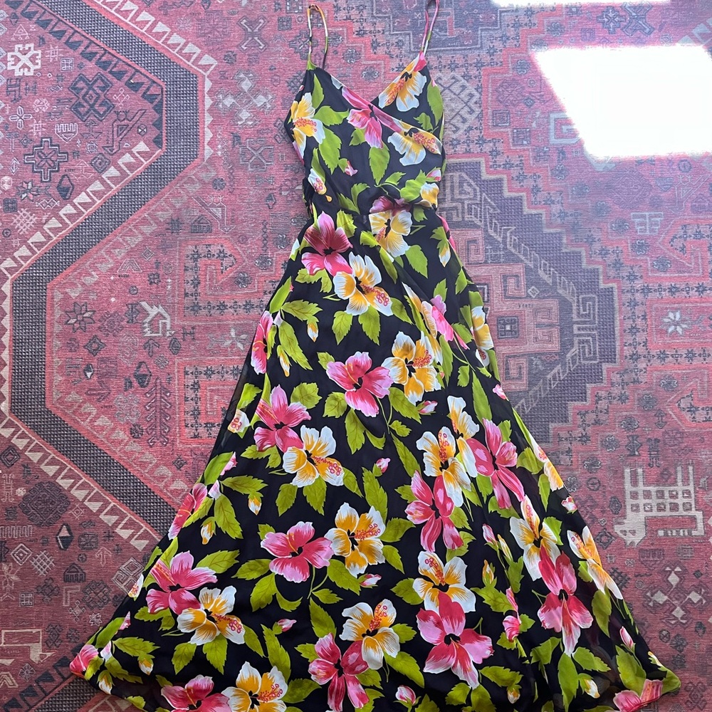 Vintage Scott Barrie designer Floral Maxi Dress - Black multi color